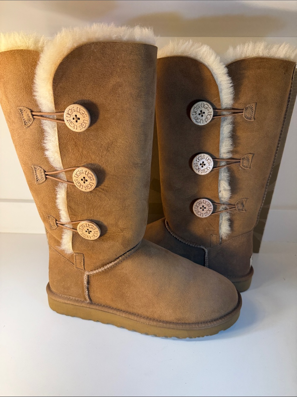 UGG Bailey Button Triplet Tall Shearling Boots in Chestnut Suede - Size 9
